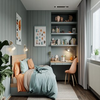 Modern Kids Bedroom Design With Light Grey Wall Panel